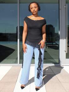 Steph T 女士休闲街头风音乐节露肩网纱荷叶边不对称下摆无肩带上衣，情人节 - 黑色 - 查看 6