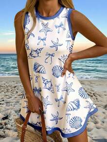 Veykashi Plus Size Women Casual Vacation Minimalist Ocean Creature Print Short Dress, Suitable For Summer - Multicolor - View 8