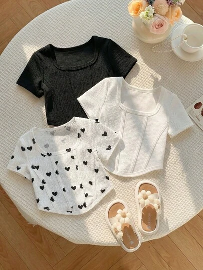 SHEIN 3件套女童纯色圆领针织T恤