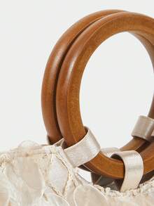 SHECARRY Ladies, Women Imitation Round Seashell Pieces Top Handle Bags, Wooden Handle, Fashionable, Elegant, Simple, Personalized, Versatile, For Beach, Vacation, Holiday, Summer, Seaside, Beach Party - Beige - View 6