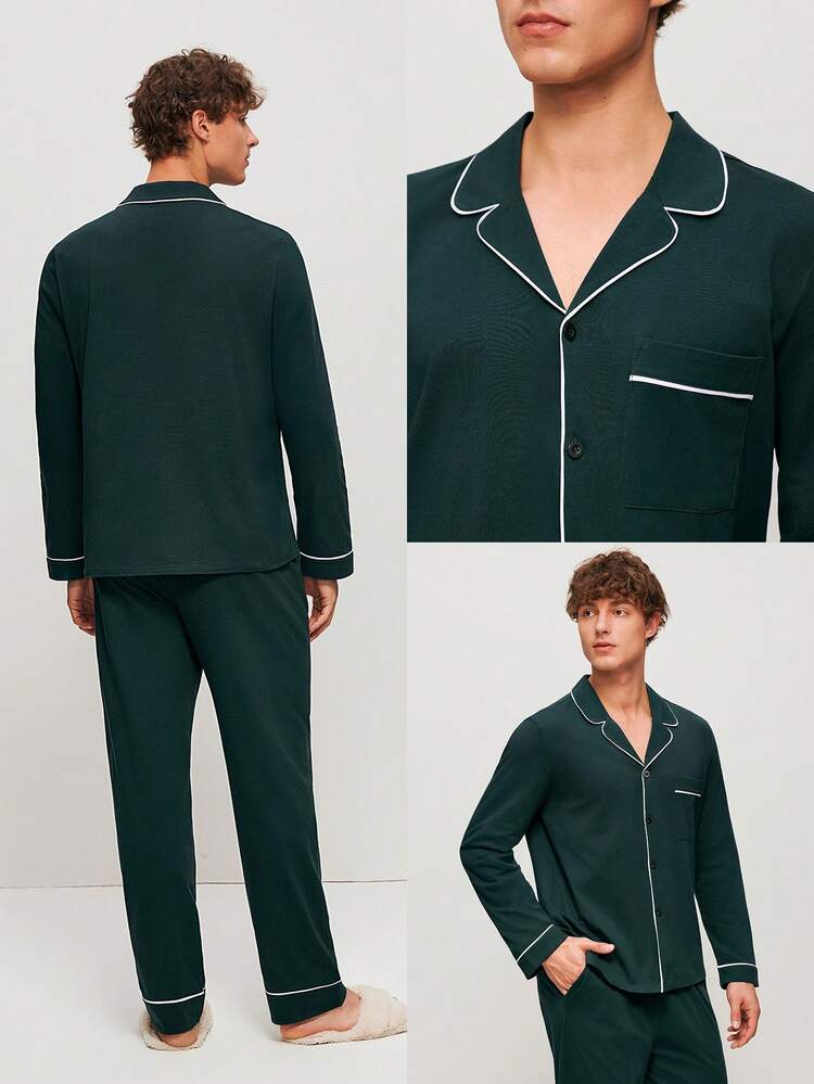 Ensemble de pyjama en coton 100% pur doux, vert foncé, avec Top à boutons et pantalon pour hommes. Ensemble de détente pour hommes avec pantalon à poches.