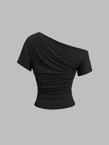 Sweetra Neue Frühlings-/Sommer-Damen Modische High Street Chic asymmetrische Schulter Slim Fit sportliche vielseitige bequeme Casual T-Shirt - Schwarz - Übersicht 4