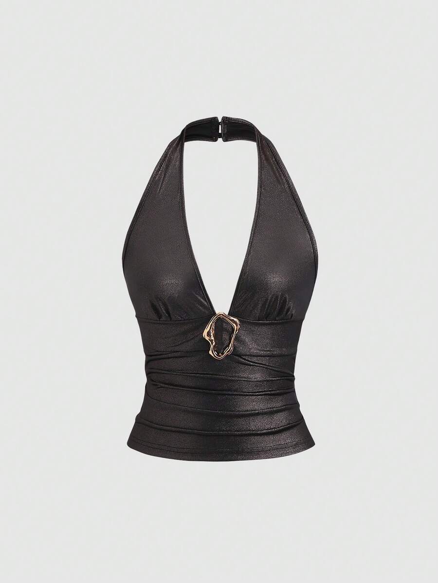 Sweetra Nuevo top de tirantes de tela elástica con hebilla metálica brillante, chaleco ajustado con escote en V y espalda descubierta, estilo streetwear Y2K para fiestas, color marrón café - Negro - Ver 1