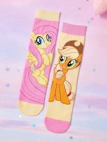 My Little Pony X SHEIN 3双装不对称袜子，柔软透气吸湿，休闲不对称设计，中筒袜，甜美卡通图案，时尚可爱糖果色，女士及女孩袜子，加固趾部和脚跟，经久耐穿，四季皆宜，百搭夏季冬季，图案袜子，Y2K风格，糖果色。 - 彩色 - 查看 13