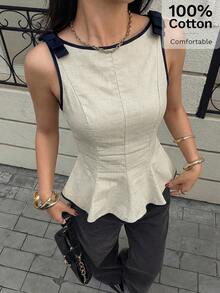 Siren Gaze Áo tank top nữ màu be thanh lịch, thoải mái, không tay, có nơ ở vai, viền tương phản, ôm eo, xếp ly ở gấu áo, thích hợp cho kỳ nghỉ hè, đi biển, công sở, đi làm, mặc thường ngày. Áo peplum nữ, áo peplum công sở, áo nữ thanh lịch, áo nữ sang trọng, trang phục trang trọng cho nữ, áo kiểu nữ thanh lịch, áo kiểu công sở, trang phục thường ngày cho nữ, áo nữ mùa hè, áo peplum nữ, áo thanh lịch cho nữ, áo nữ thông minh. - Màu be - Xem 1
