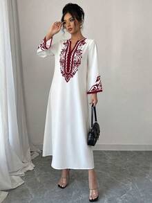 Elenzga Long Dress For Women, New Fashion Loose Retro Print Long Dress - Red and White - View 3