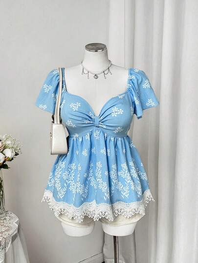 Sweetra Plus Size Square Collar Ruffle Sleeve Short Sleeve Blouse, Faux Embroidery Placement Print Floral Trim Patchwork, Elegant Vintage Cute Party Shirt, Blue