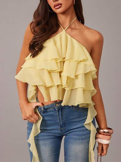 Radiana 女士优雅浪漫荷叶边雪纺衬衫，柔和黄色，迷人飘逸的网纱荷叶边吊带背心，适合约会、聚会、下午茶、生日、派对、鸡尾酒会、俱乐部、海岛度假、海滩、假日等场合。