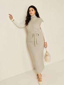 Juhart 大码女式休闲通勤高领蝙蝠袖短袖拼布口袋系带毛衣和毛衣裙套装，秋冬 - 卡其色 - 查看 5