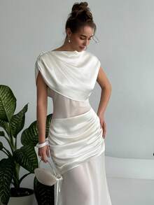 Rafferiza Đầm satin trễ vai gợi cảm và thanh lịch dành cho nữ, phối ren nhún, thích hợp cho các buổi đi chơi và hẹn hò mùa xuân/hè. - Màu be - Xem 3