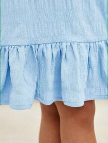 Gaun Tanpa Lengan Leher Bulat Warna Polos Tenun Kasual Modis untuk Liburan Anak Perempuan, Anak-anak - Baby Blue - View 4