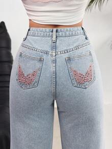 Rivivi 女士高腰阔腿宽松休闲百搭牛仔裤，带翅膀刺绣 - 淺色水洗藍 - 查看 3