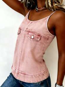 EMERY ROSE Nueva llegada Bestseller Camiseta sin mangas de corte regular con efecto de impresión de denim rosa para mujeres - Rojo - Ver 3