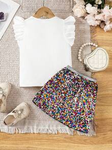 2件套女童针织派对亮片印花T恤和迷你裙套装 - 彩色 - 查看 2