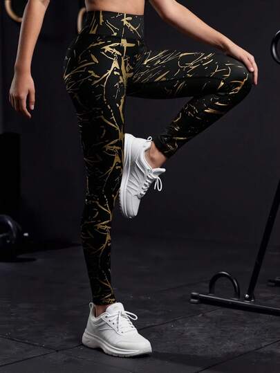 少女户外图案瑜伽紧身裤，高弹力，自由伸展，时尚百搭，经典跑步、骑行和徒步运动裤