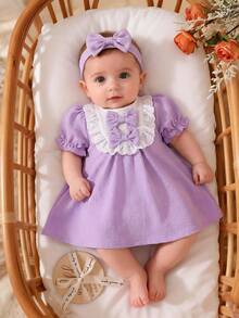 SHEIN Newborn Baby Pink Dress & Bow Headband Set, Cute Princess Style - Mauve Purple - View 3