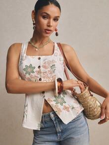 Poéselle Áo tank top nữ kiểu dáng thường ngày in hoa, cài cúc phía trước, thích hợp cho kỳ nghỉ. - Nhiều màu - Xem 8