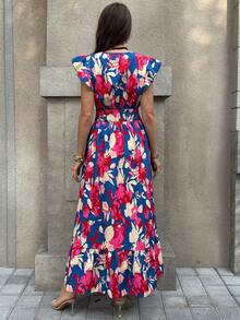 Solivie 女士印花荷叶袖抽绳腰连衣裙，度假风 - 彩色 - 查看 3