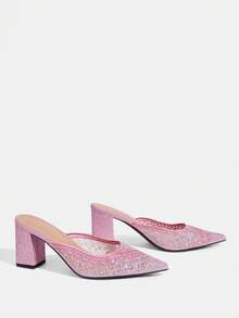 CUCCOO TILAWA Women's Fashionable Party Rhinestone Chunky Heel Pumps - Pink - View 4