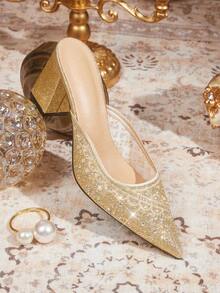 CUCCOO TILAWA Sepatu hak tebal berhiaskan rhinestones yang modis untuk pesta wanita. - Emas - View 6