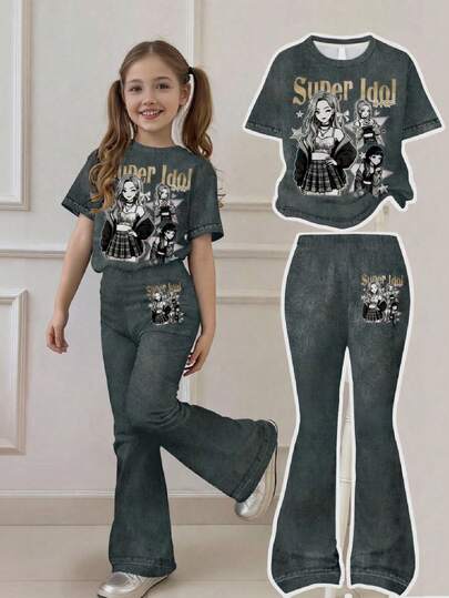 2pcs Tween Girls Casual Tie-Dye Dark Gray Cartoon Girl Portrait Graphic Tee & Wide Leg Pants Set, Loose Fit Round Neck Short Sleeve, Suitable For Spring/Summer Daily Wear & Outings