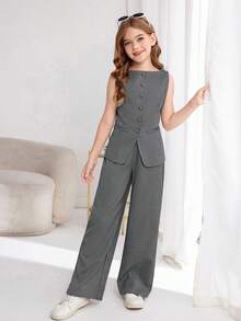 SHEIN 少女通勤休闲纯色无袖背心上衣和直筒裤套装 - 淺灰色 - 查看 4