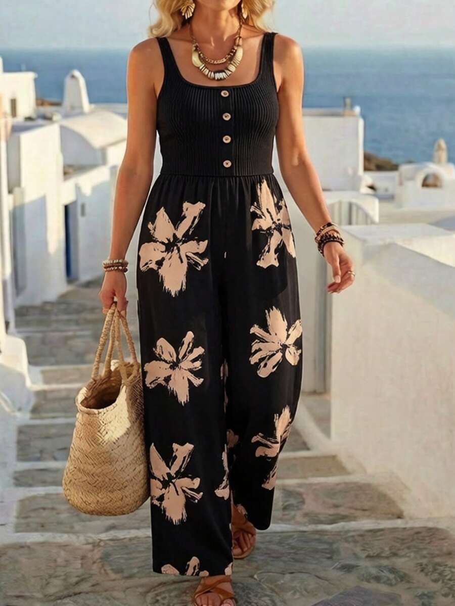 Linhara CURVE Plus Size Women Floral Print Patchwork Sleeveless Jumpsuit, Summer Holiday Beach Outfit - Black - View 1
