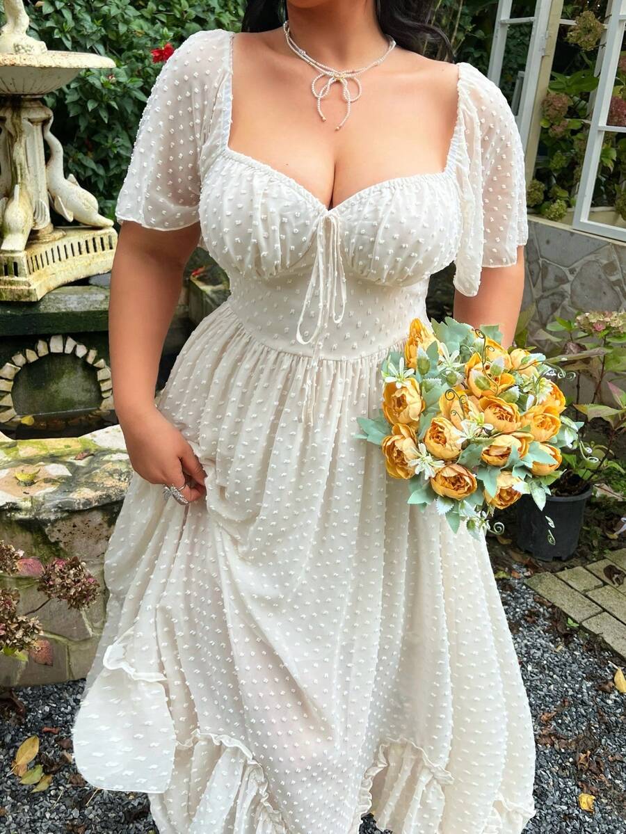 Sunspun Đầm dạ hội/công chúa thanh lịch mùa xuân/hè mới, chất liệu chiffon họa tiết chấm bi, kiểu dáng corset, tay bồng, dáng chữ A, eo thon, vạt bất đối xứng, viền bèo nhún, thích hợp cho nữ, đầm dự tiệc, đầm mùa xuân, đầm dạ hội, đầm sinh nhật. - Màu be - Xem 1
