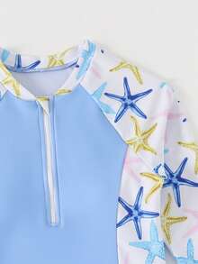 SHEIN 少女坦克背心式泳衣，儿童两件式泳衣，吊带背心搭配印花短裤，长袖泳装，拉链设计，蓝色海星图案，针织面料，适合沙滩派对、游泳池、水上乐园等场合。 - 藍色 - 查看 4