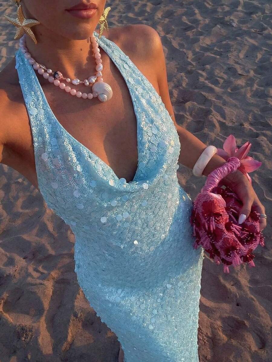 SHEIN BAE 女士时尚派对亮片露背吊带连衣裙 - 淺藍色 - 查看 1