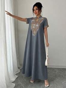 Rafferiza Contrast Color Embroidered Mandarin Collar Rhinestone Embellished Loose Women Long Dress - Grey - View 3