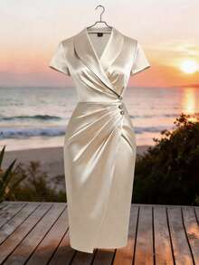 SHEIN Champagne Beige Summer Elegant Dining Satin Dress,Short-Sleeve Blazer V-Neck Ruched Waist With Gold Button Accents,Sleek Sheath Banquet Cocktail Dress - Apricot - View 2