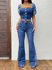 Sunnyshic 女士牛仔印花拼接套装 - 藍色 - 查看 6