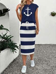 SHEIN LUNE Women's Anchor Print Cap Sleeve T-Shirt And Striped Mini Skirt Casual Suit, Summer - Multicolor - View 6
