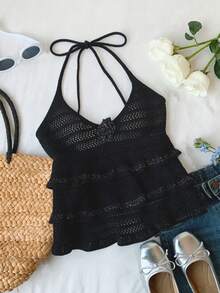 Elamini Áo len nữ thời trang, gợi cảm, đa năng màu đen viền bạc, kiểu yếm buộc dây, cổ khoét sâu, bèo nhún, họa tiết hoa 3D, màu đen vàng bạc, thích hợp cho mùa hè. - màu đen - Xem 5