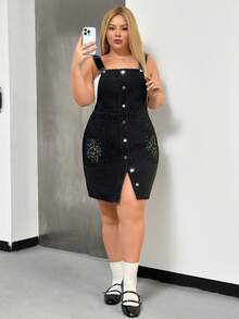 SHEIN Cottnline فستان جينز قطن 100% للنساء مقاس كبير - الأسود - مشاهدة 1