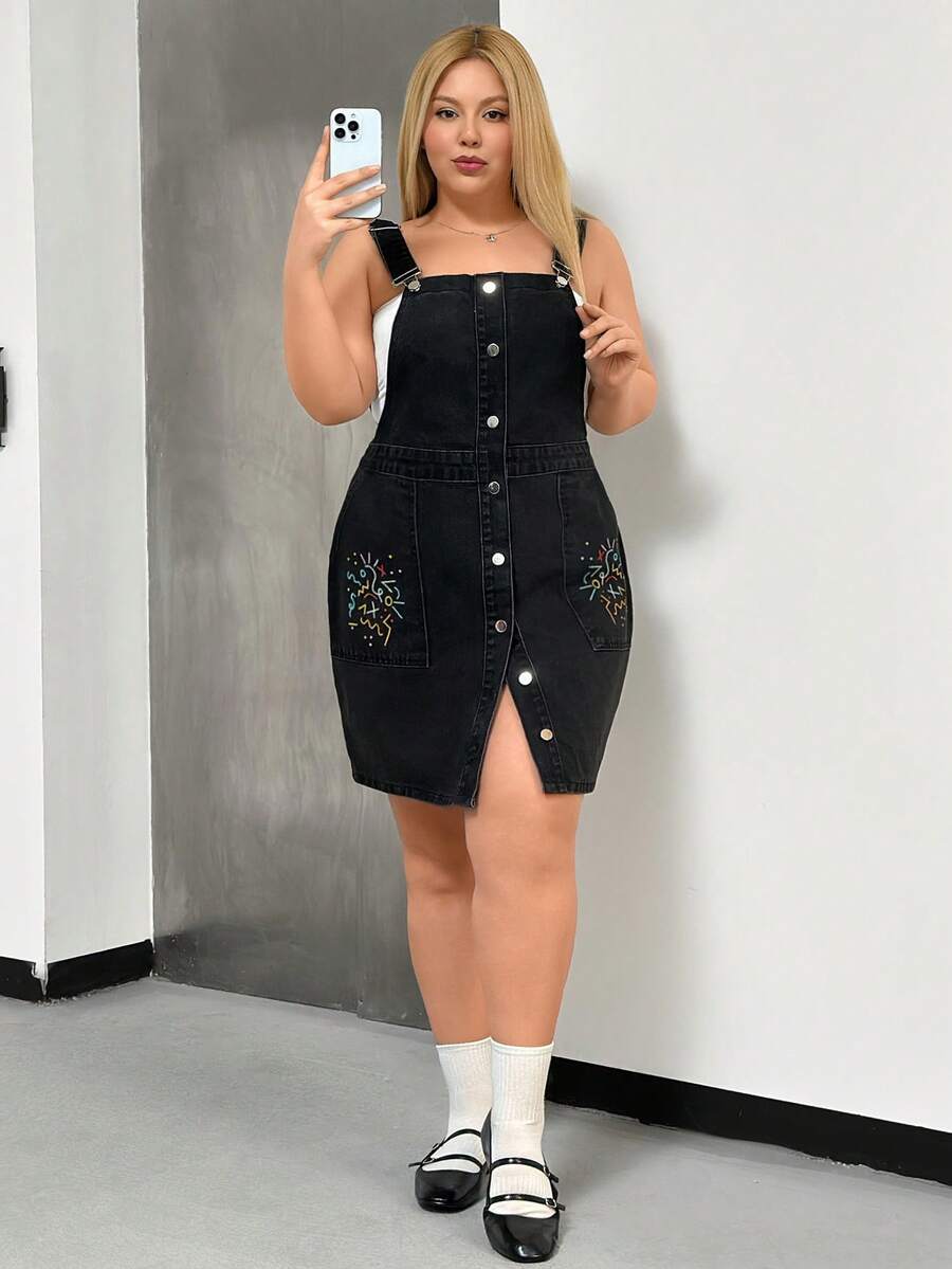 SHEIN Cottnline فستان جينز قطن 100% للنساء مقاس كبير - الأسود - مشاهدة 1