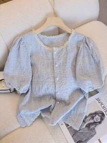 SHEIN Frenchy Women's Casual Floral Embroidered Shirt, Summer - Blue - View 9