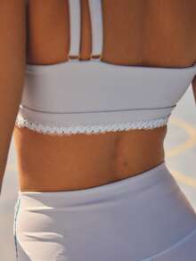 Aralina Áo croptop hai dây cổ vuông, cạp cao, viền ren, ôm sát cơ thể, bộ đồ tập thể dục mùa hè cho nữ, quần legging lửng. - Màu xanh nhạt - Xem 5