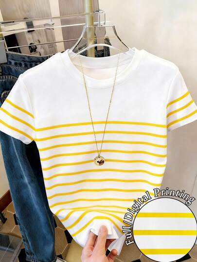 Resyla Áo thun ngắn tay nữ cổ tròn kẻ sọc phối màu, kiểu dáng thường ngày, đa năng.