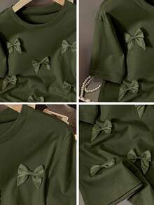 Franclia 女士休闲H型圆领3D蝴蝶结短袖粉色T恤，夏季橄榄绿上衣，可爱上衣，军绿色上衣，蝴蝶结上衣，蝴蝶结衬衫，女士上衣和衬衫，女士衬衫，女士上衣，女士服装，女士高档上衣，女士优雅上衣，女士休闲上衣 - 軍綠色 - 查看 3
