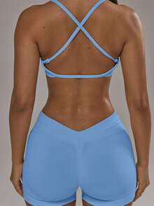 Musera Sport 交叉背带运动文胸和提臀紧身裤套装，适合秋季、冬季、夏季运动健身等各种运动场合。 - 淺藍色 - 查看 2