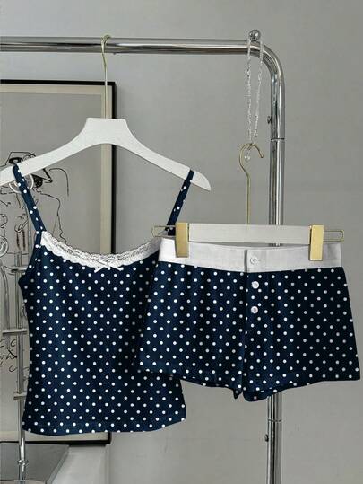 Comfortcana סט מכנסיים קצרים קז'ואל לנשים 2 חלקים, דוגמת נקודות, טלאי תחרה, סגנון Y2K