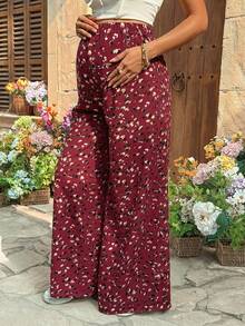 Pantalones casuales de maternidad de cintura ajustable con estampado completo para uso diario - Burdeos - Ver 4