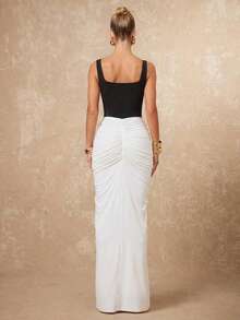 Lumalex Đầm midi thanh lịch, gợi cảm dành cho nữ mùa Xuân/Hè, phối màu đen trắng, kiểu dáng patchwork, cổ yếm, dây mảnh, thắt nơ ở eo, xếp ly ở gấu đầm, ôm sát eo, dáng đuôi cá, thích hợp cho việc đi làm hàng ngày. - Đen và trắng - Xem 3