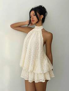 Aloruh 女士优雅浅黄色露背系带迷你连衣裙 - 杏色 - 查看 5