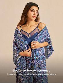 LUVLETTE Summer Stylish Navy & Paisley Pajama Set - Lace-Trimmed Camisole & Wide-Leg Pants Summer Lounge Wear Curve Lingerie Pyjama - Blue - View 8