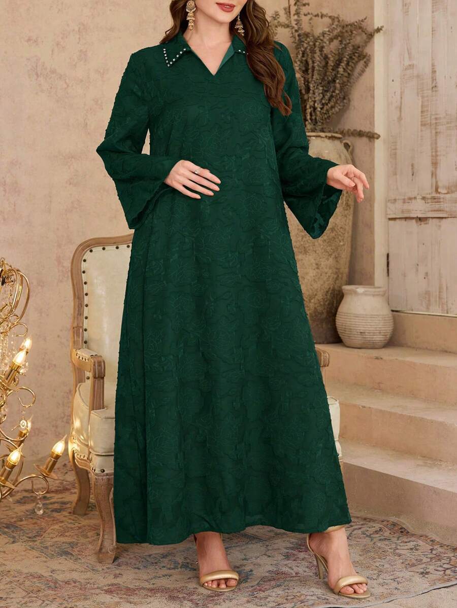 Modelyn Gaun Mewah Elegan Lengan Panjang Longgar dengan Kerah Kemeja Bertekstur Kain Jacquard dan Dekorasi Rhinestone - Dark Green - View 1