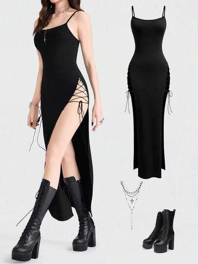 Breakform Vestido ajustado con tirantes finos, estilo gótico sexy, con abertura alta y cordones, adecuado para fiestas y festivales de música