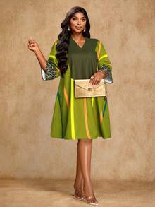 Brilight 女士优雅性感收腰连衣裙南非传统连衣裙派对聚会艺术印花流行色条纹短款连衣裙艺术写真拍摄连衣裙春夏女装 - 綠色 - 查看 8